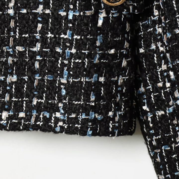 Damen Bouclé‑Tweed‑Cropped‑Jacke mit Stehkragen und goldfarbenen Schmuckknöpfen Drune