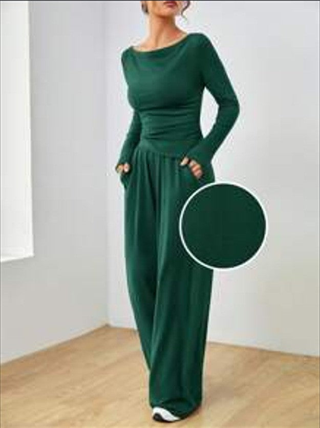 Damen Lässiges Two‑Piece Lounge‑Set mit U‑Boot‑Ausschnitt, taillierter Drapierung und weitem Palazzohose Drune