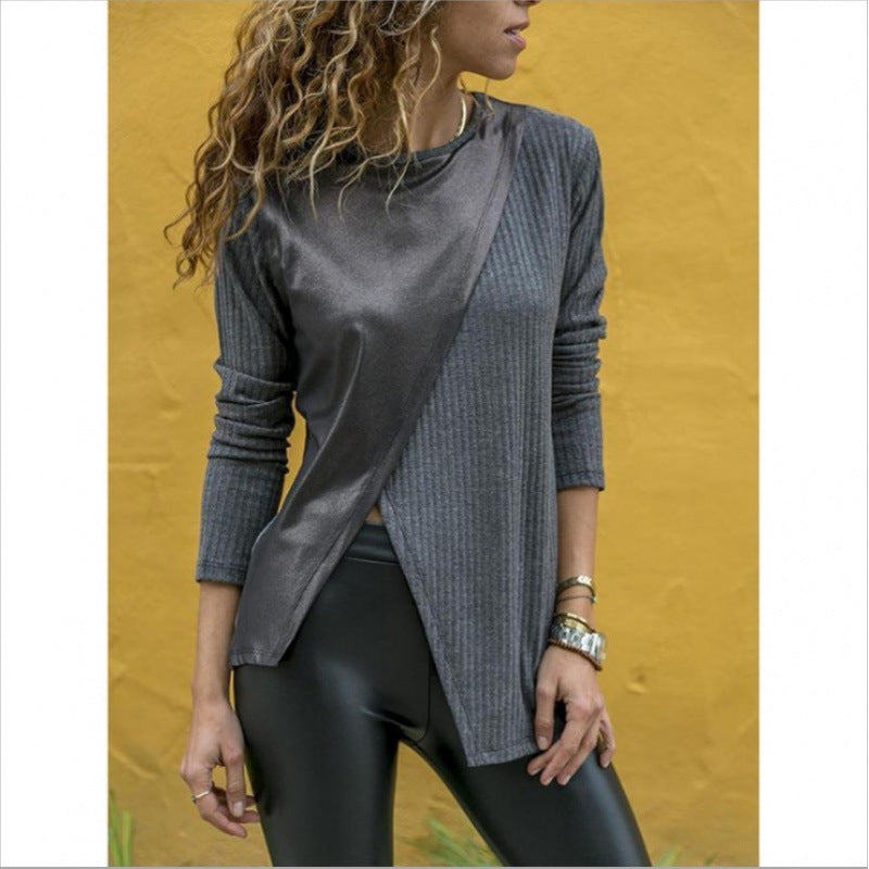 Damen Asymmetrisches Longsleeve mit Lederoptik‑Overlay und Rippstrick Drune