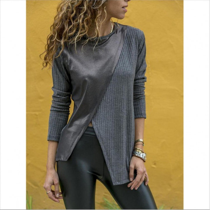 Damen Asymmetrisches Longsleeve mit Lederoptik‑Overlay und Rippstrick Drune