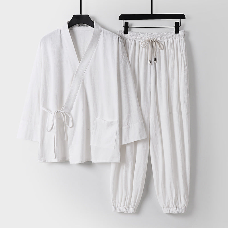 Unisex Entspanntes Kimono-Set mit Wickeljacke, dreiviertelärmeln und elastischer Kordelharemshose Drune