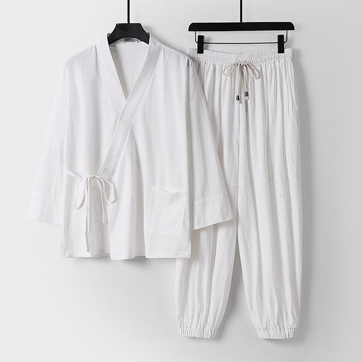 Unisex Entspanntes Kimono-Set mit Wickeljacke, dreiviertelärmeln und elastischer Kordelharemshose Drune
