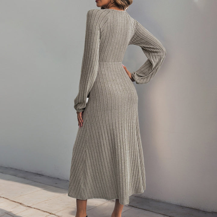 Damen Geripptes Wickel-Midikleid mit V-Ausschnitt, Ballonärmeln & Knopfleiste Drune