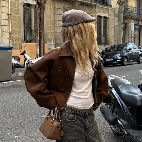 Damen Kurze Veloursleder‑Optik Jacke mit Reißverschluss und Oversize‑Ärmeln Drune