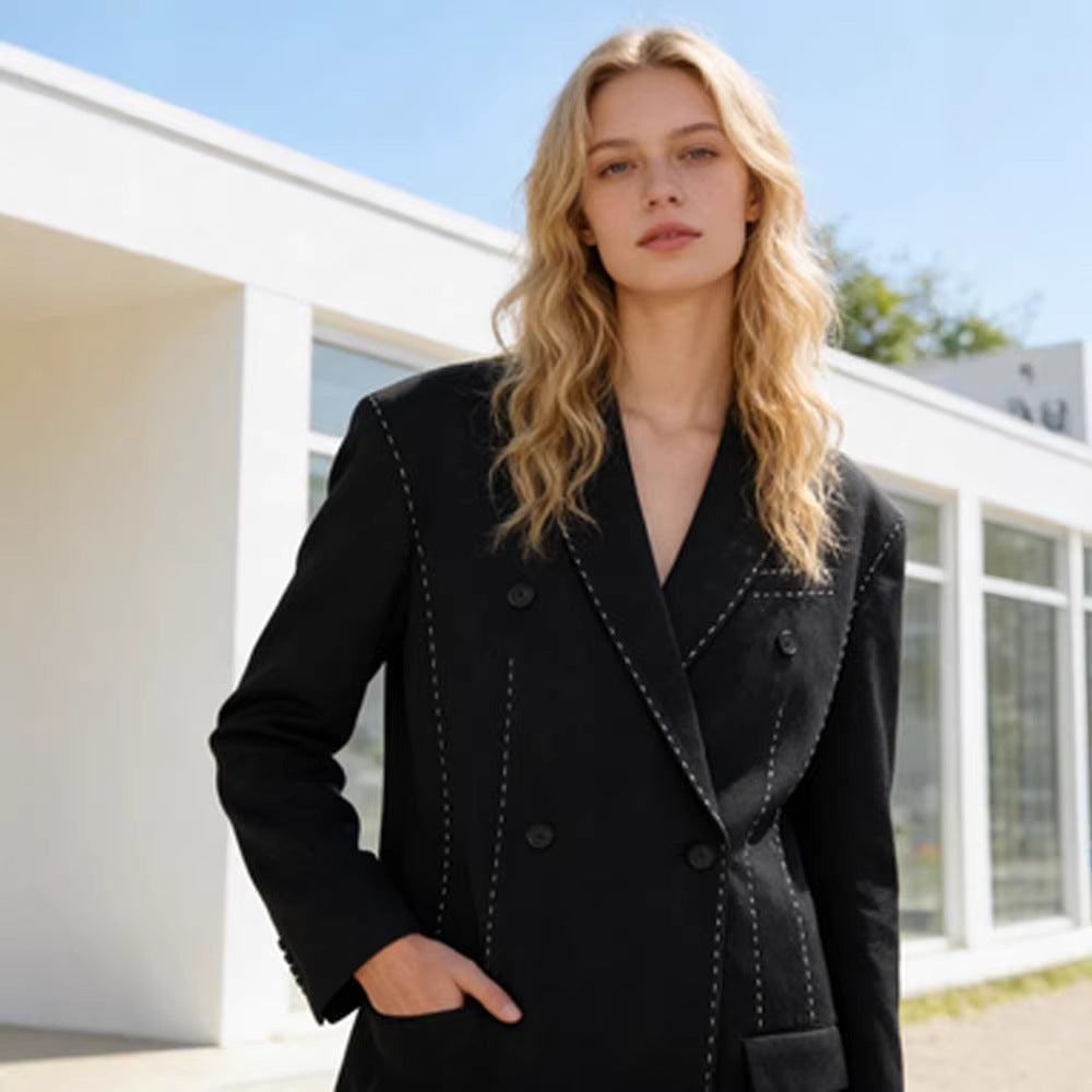 Damen Doppelreihiger Oversize-Mantelblazer mit markanter Schulterpartie & Ziersteppungen Drune