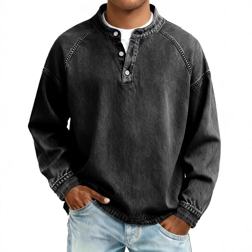 Herren Langarm-Henley Sweatshirt mit Stehkragen und Vintage-Denim-Effekt Drune