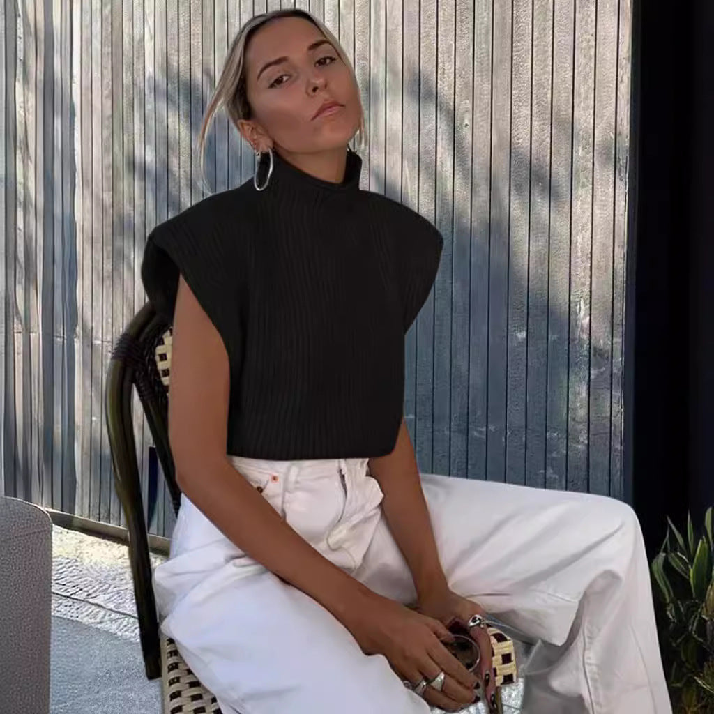 Damen Stricktop mit Stehkragen und Puffärmeln Drune