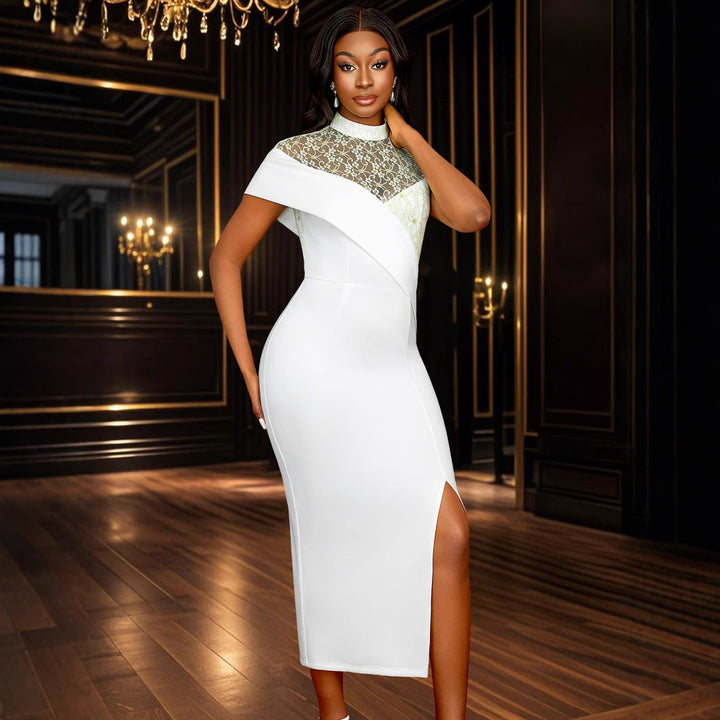 Damen Elegantes Hochzeitskleid mit transparentem Spitzenoberteil und asymmetrischem Design Drune