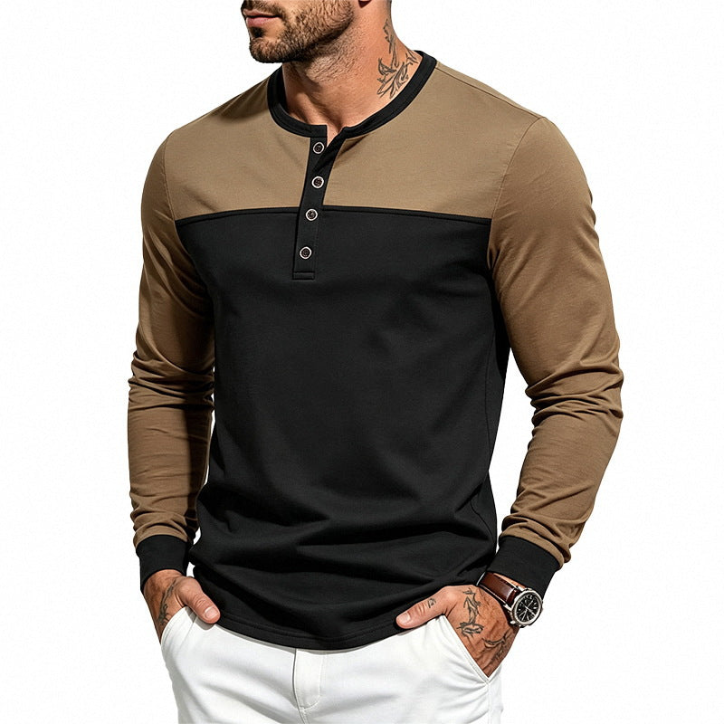 Herren Slim-Fit Henley-Langarmshirt mit Kontrastpaneel und Metallknopfleiste Drune