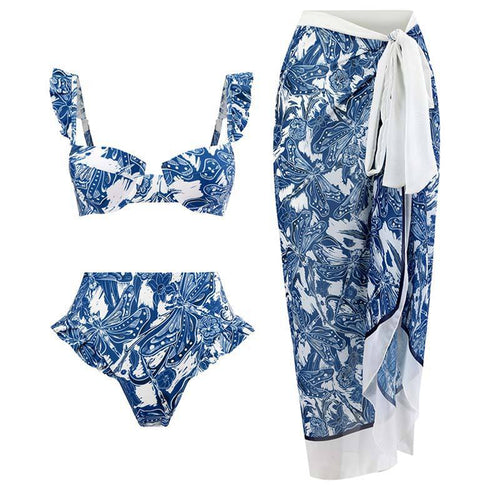 Damen Bikini-Set mit rüschenverziertem Oberteil und hoch taillierter Hose Drune