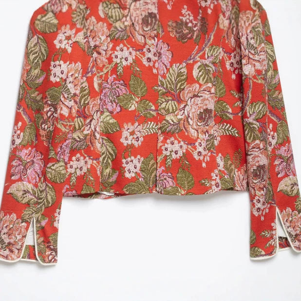 Damen Cropped Jacquard‑Blouson mit Mandarinkragen und floraler Brokatstruktur Drune