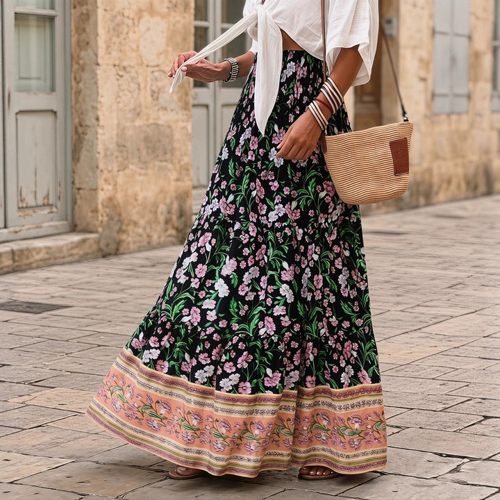 Damen nan gestufter Maxirock mit floralem Print, elastischem Smockbund und Volantkanten Drune
