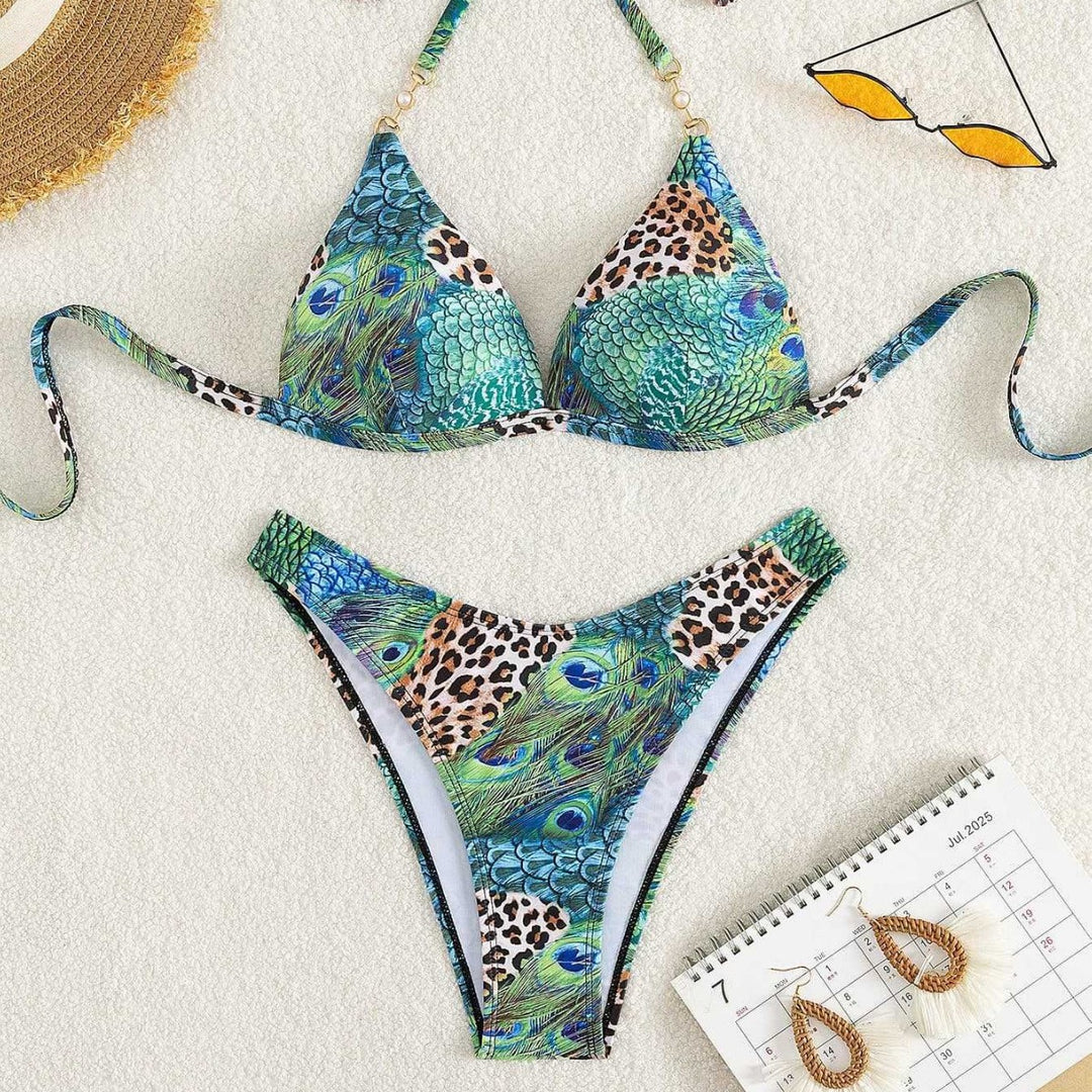 Damen Triangel-Bikini mit lebendigem Tier- und Pfauenmotiv Drune
