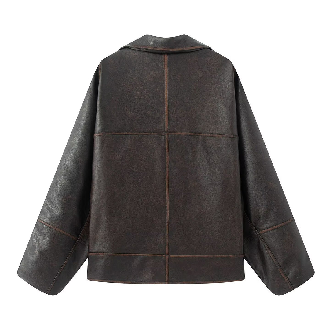 Damen elegante Kunstlederjacke mit oversized Schnitt Drune