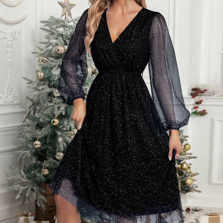 Damen Festliches Midikleid aus Glitzer‑Chiffon mit V‑Ausschnitt, tailliertem Gummibund und Ballonärmeln Drune