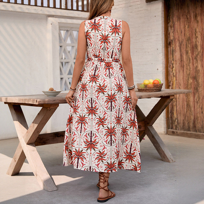 Damen Maxikleid mit tropischem Musterdruck und taillierbarem Gürtel Drune