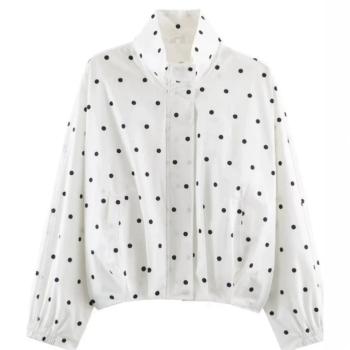 Damen Gepunktete Cropped Blousonjacke mit Stehkragen, elastischem Saum und verdeckter Knopfleiste Drune