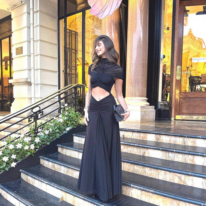 Damen elegantes Abendkleid mit raffinierten Cut-Outs und hochgeschlossenem Kragen Drune