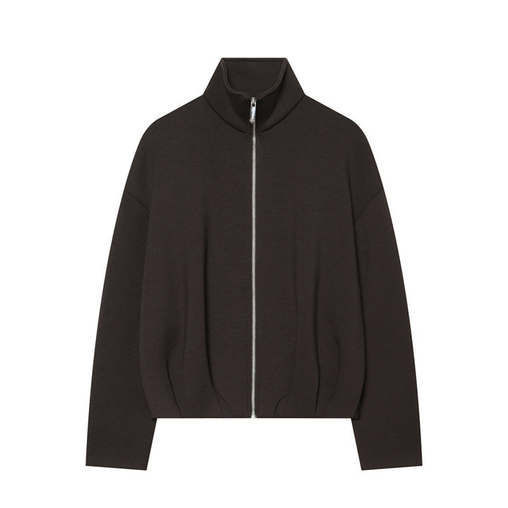 Damen Boxy Cropped Stehkragen‑Strickjacke mit durchgehendem Reißverschluss und überschnittener Schulter Drune