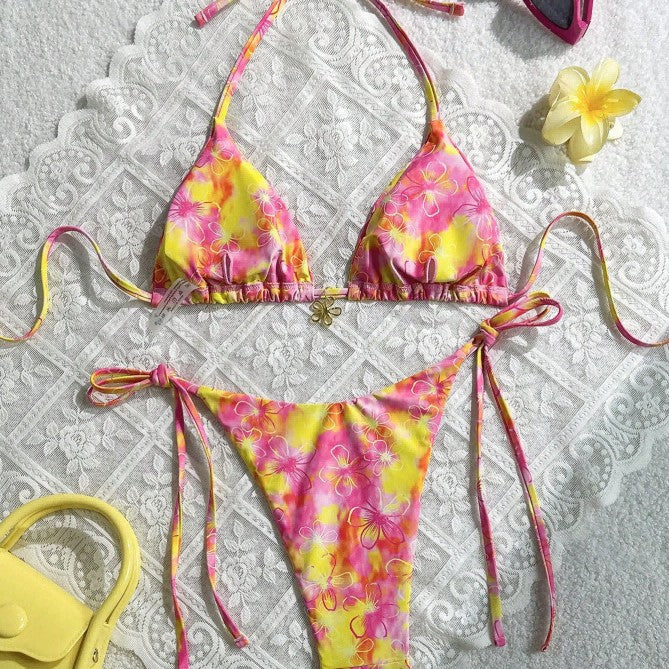 Damen Triangel-Bikini mit verstellbaren Bändern und buntem Blumenmuster Drune