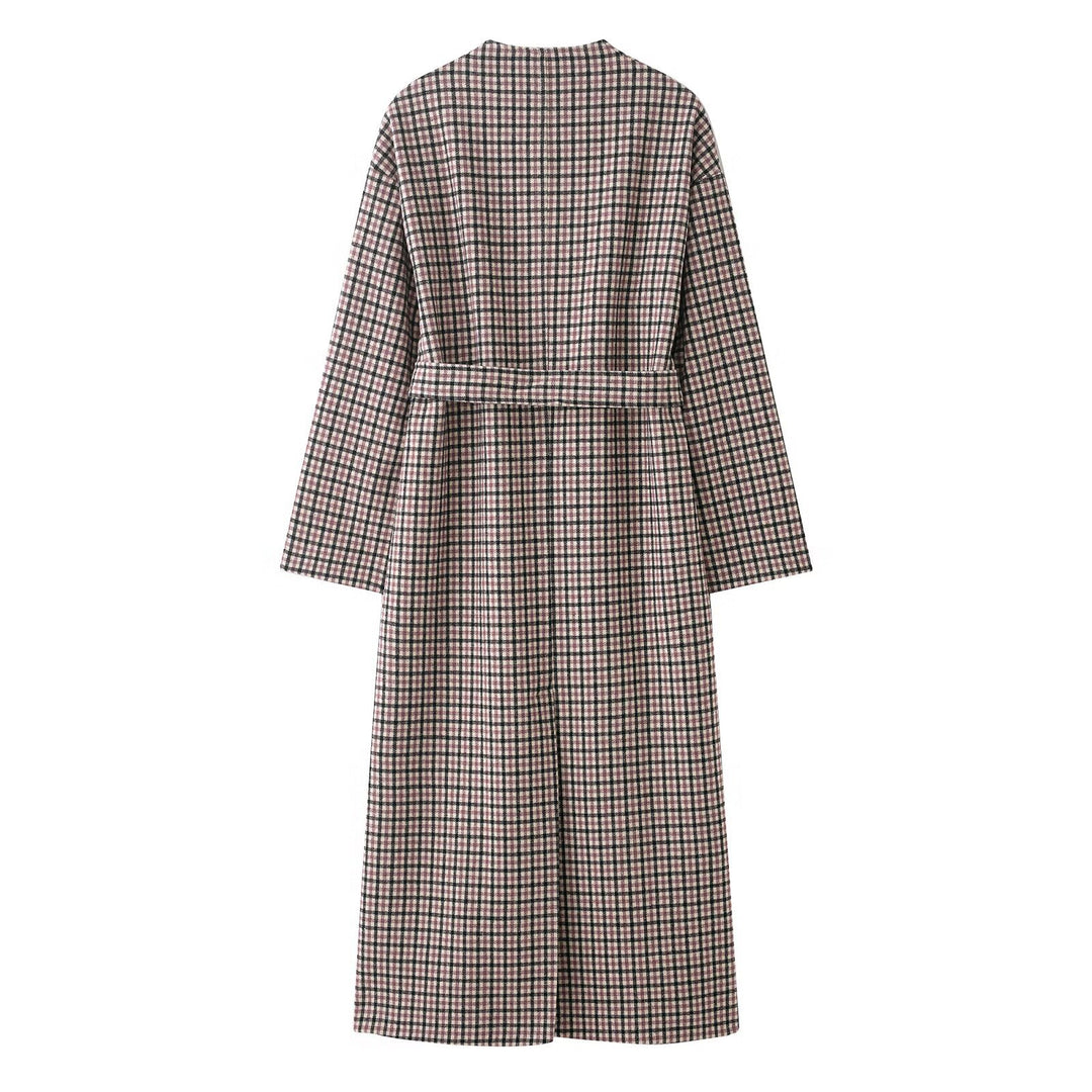 Damen karierter Midi-Mantel mit Taillengürtel und Rundhalsausschnitt Drune