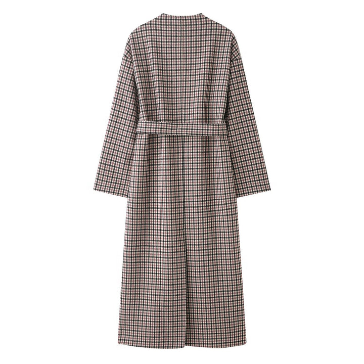 Damen karierter Midi-Mantel mit Taillengürtel und Rundhalsausschnitt Drune