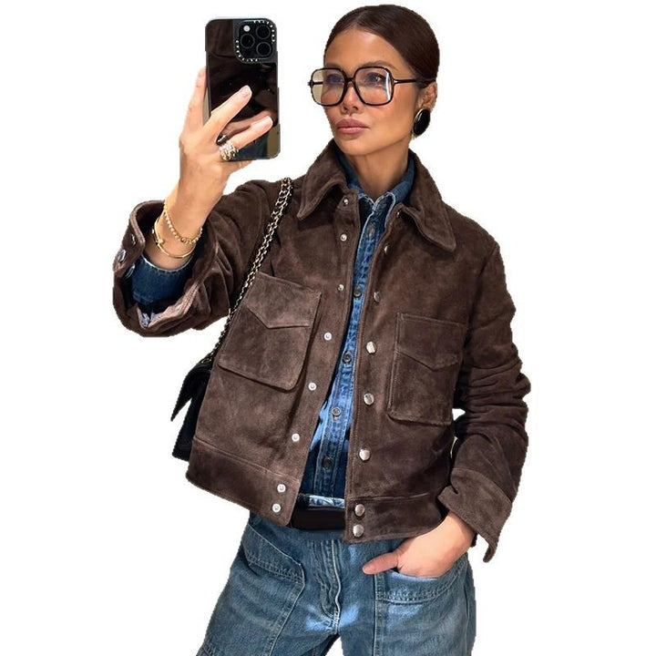 Damen Modische Wildlederjacke mit seitlichen Taschen Drune