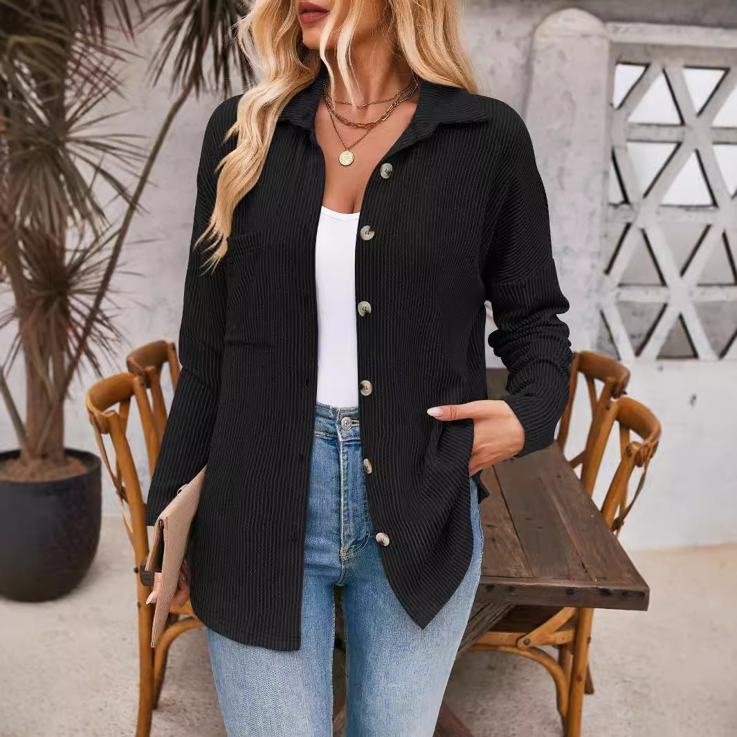 Damen Gerippte Oversize-Hemdjacke mit durchgehender Knopfleiste und Hemdkragen Drune