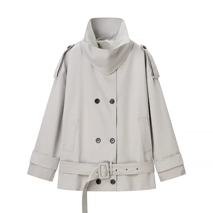 Damen nan kurz geschnittener Doppelreiher Trenchcoat mit Taillengürtel und hohem Stehkragen Drune