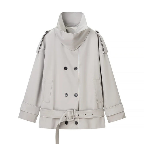 Damen nan kurz geschnittener Doppelreiher Trenchcoat mit Taillengürtel und hohem Stehkragen Drune