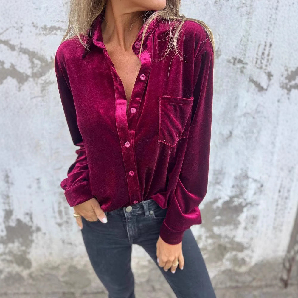 Damen Elegante Samtbluse mit klassischem Hemdkragen und langen Ärmeln Drune