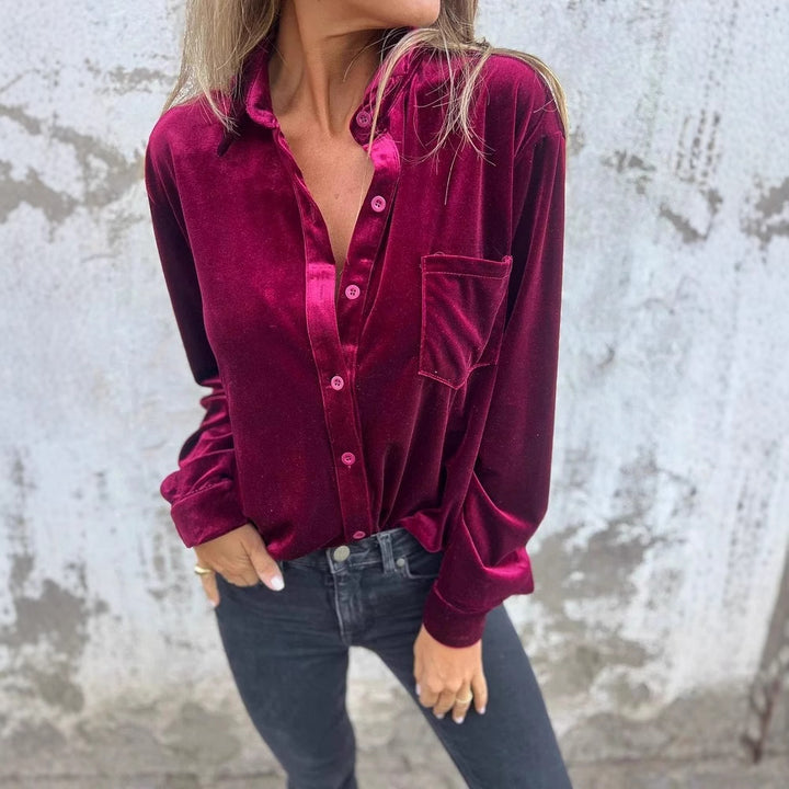 Damen Elegante Samtbluse mit klassischem Hemdkragen und langen Ärmeln Drune