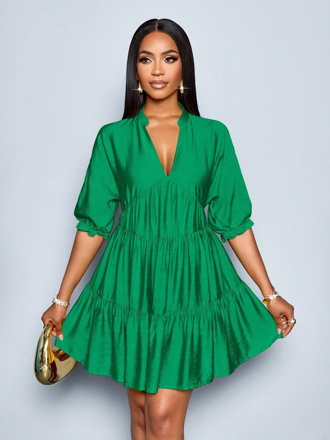 Damen Stufiges Mini‑Kleid mit V‑Ausschnitt und gerafften Dreiviertelärmeln Drune