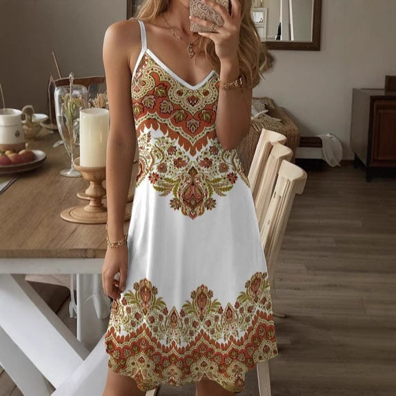 Damen Spaghetti-Träger Kleid mit stilvollem Paisleymuster und A-Linien Schnitt Drune
