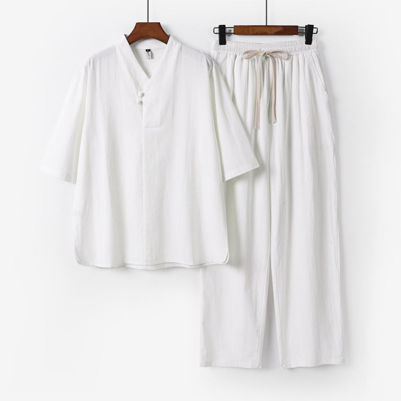 Herren Zweiteiliges Leichtes Loungewear-Set mit Stehkragen-Halbarmshirt und Kordelbund-Hose Drune
