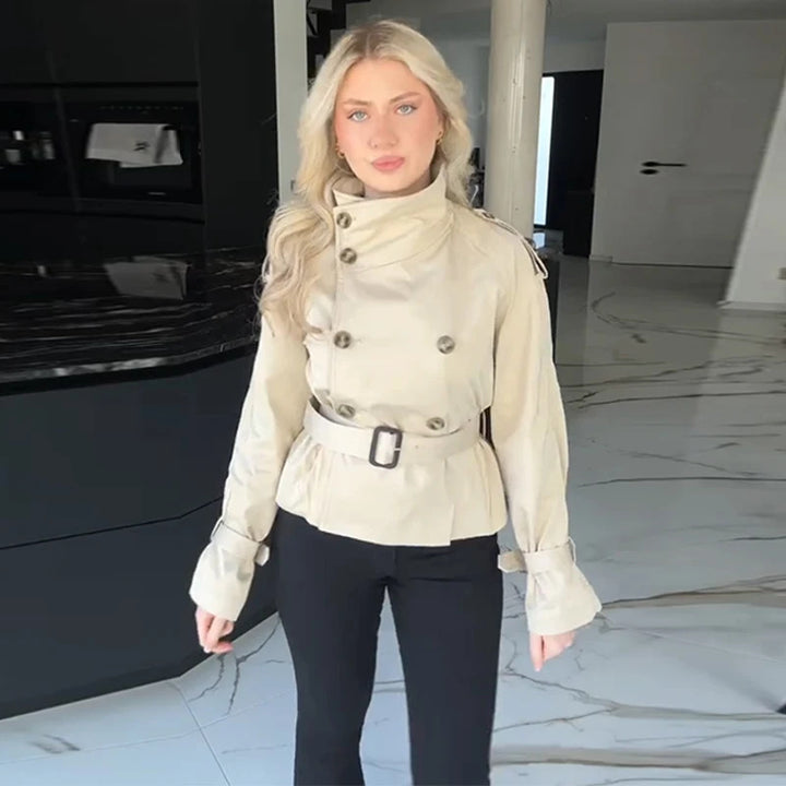 Damen Eleganter Kurz-Trenchcoat mit doppelter Knopfleiste und Taillengürtel Drune