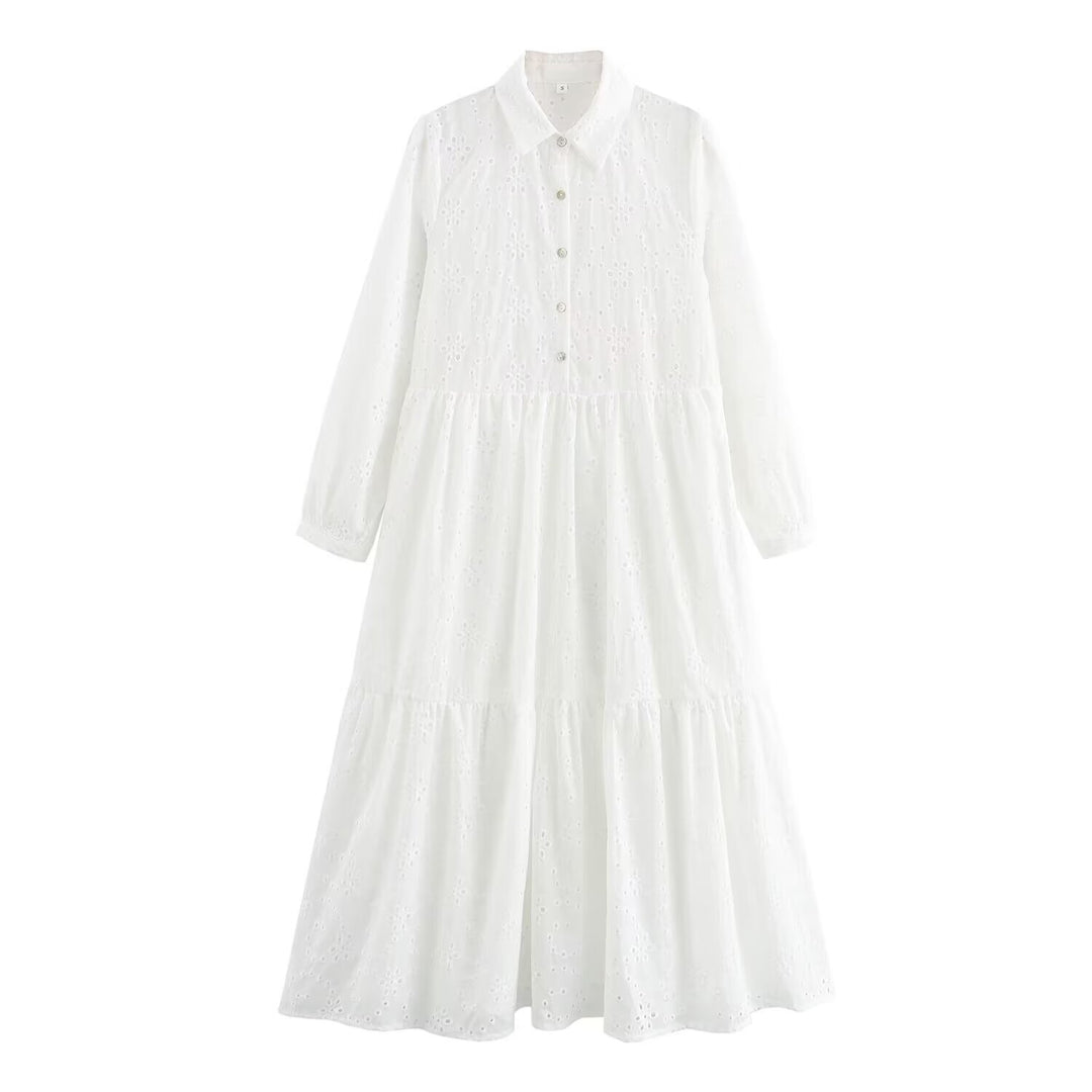 Damen Broderie-Anglaise Hemdblusenkleid mit Stufenrock Drune