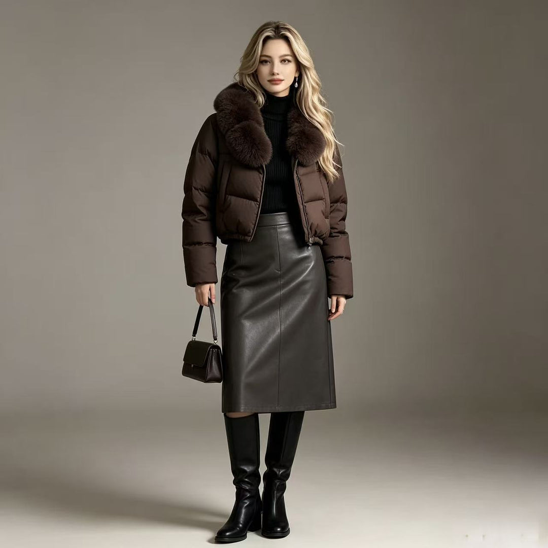 Damen nan kurze gesteppte Cropped-Pufferjacke mit voluminösem Kunstpelzkragen Drune