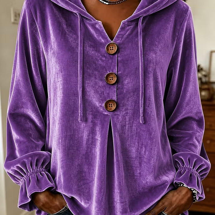 Damen Samt-Hoodie mit Holzknopfblende, Tunnelzug und gerafften Ärmeln Drune