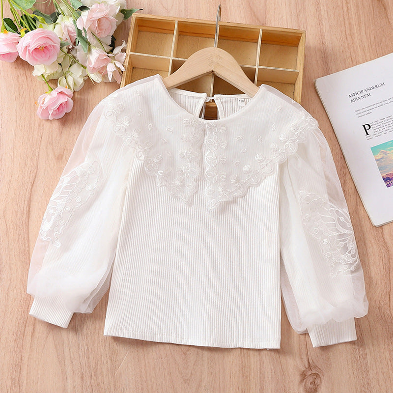 Mädchen Bluse mit transparenten Puffärmeln und floralem Spitzenbesatz Drune