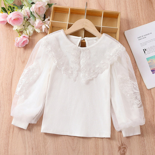 Mädchen Bluse mit luftigen Tüllärmeln und zarter Blumenbestickung Drune