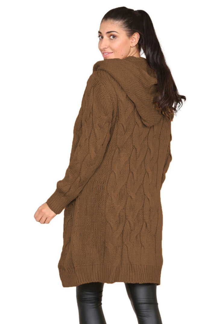 Damen Grobstrick Hoodie-Mantel mit Zopfdesign und tiefen Taschen Drune