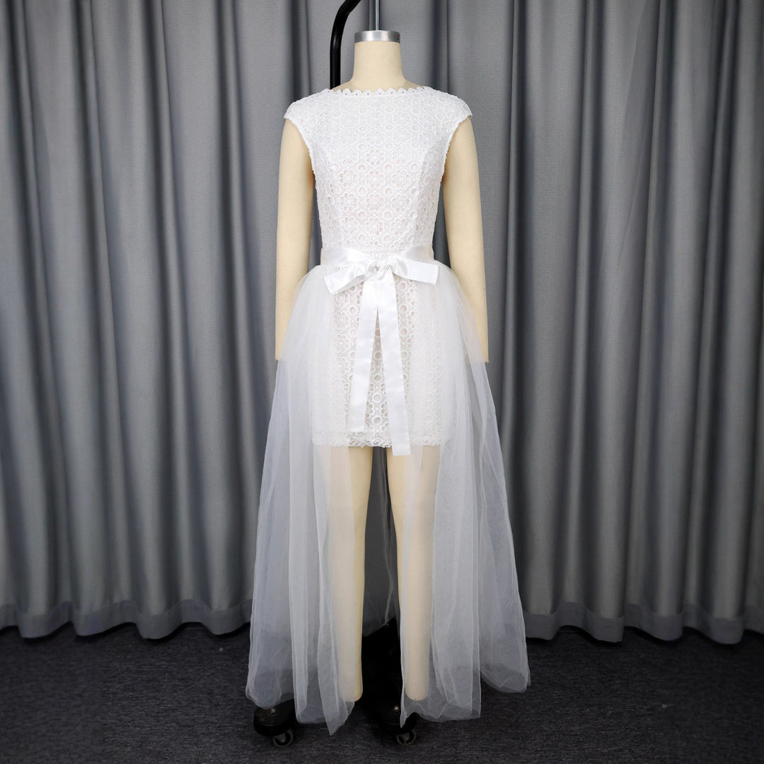 Damen Midi-Brautkleid mit verziertem Oberteil und transparentem Tüll Überrock Drune