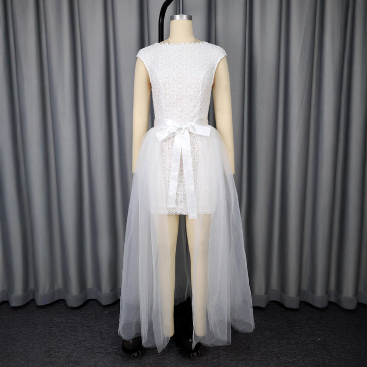 Damen Midi-Brautkleid mit verziertem Oberteil und transparentem Tüll Überrock Drune