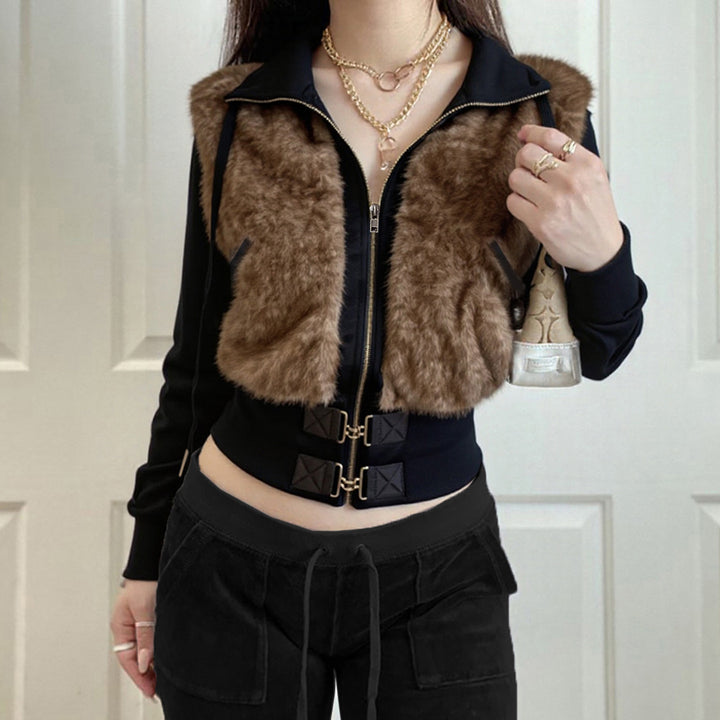 Damen Kurzjacke mit Kunstfellfront, hohem Stehkragen und tailliertem Rippbund Drune