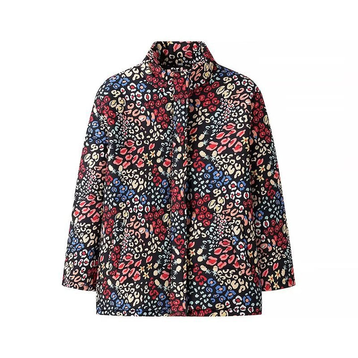 Damen nan gemusterte kastige Kurzjacke mit Stehkragen, verdeckter Knopfleiste und 3/4-Ärmeln Drune