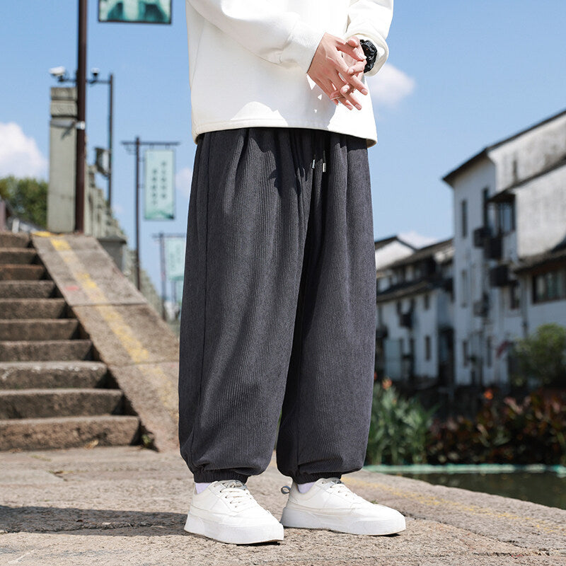 Herren Weite Cord-Loungehose mit Tunnelzug, gerippter Cordstruktur und elastischen Bündchen Drune