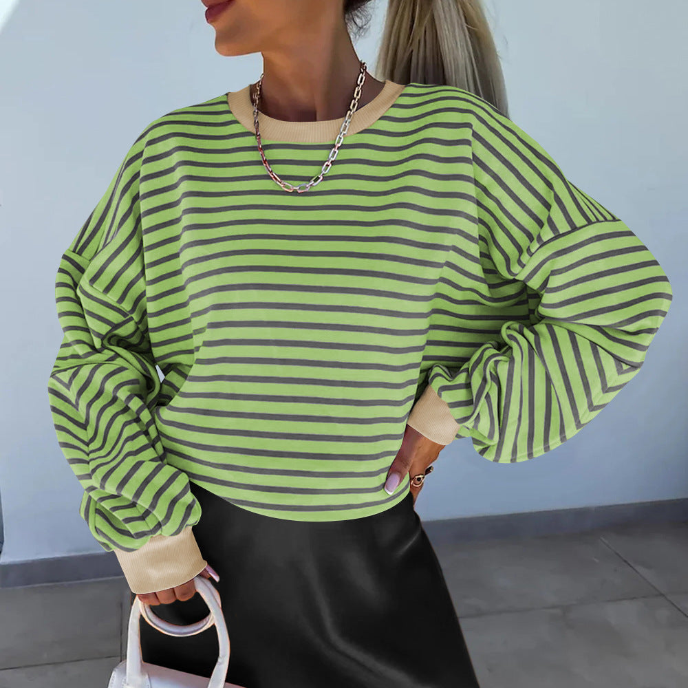 Damen lässiges gestreiftes Sweatshirt mit Boxy-Schnitt und kontrastierenden Abschlüssen Drune