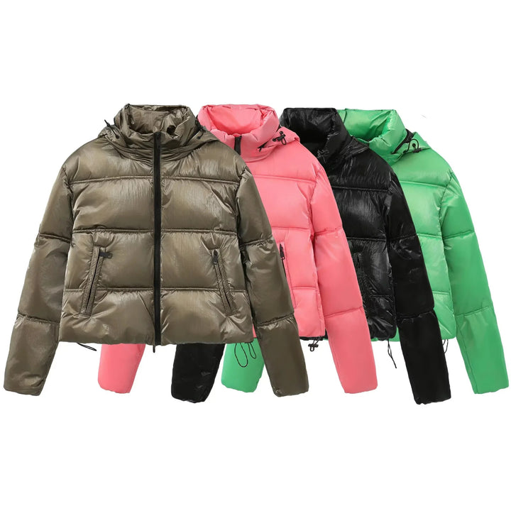 Damen nan cropped gesteppte Daunenoptik Jacke mit Kapuze und Tunnelzugsaum Drune