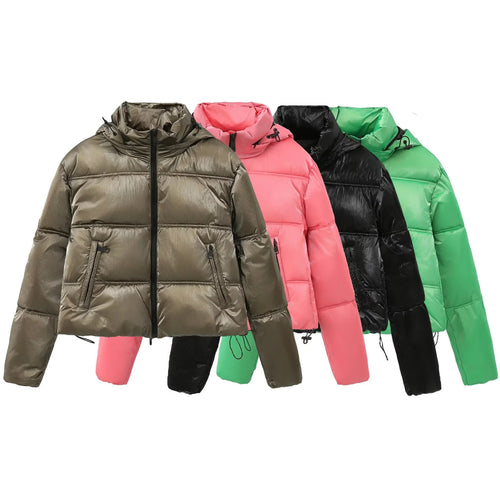 Damen nan cropped gesteppte Daunenoptik Jacke mit Kapuze und Tunnelzugsaum Drune